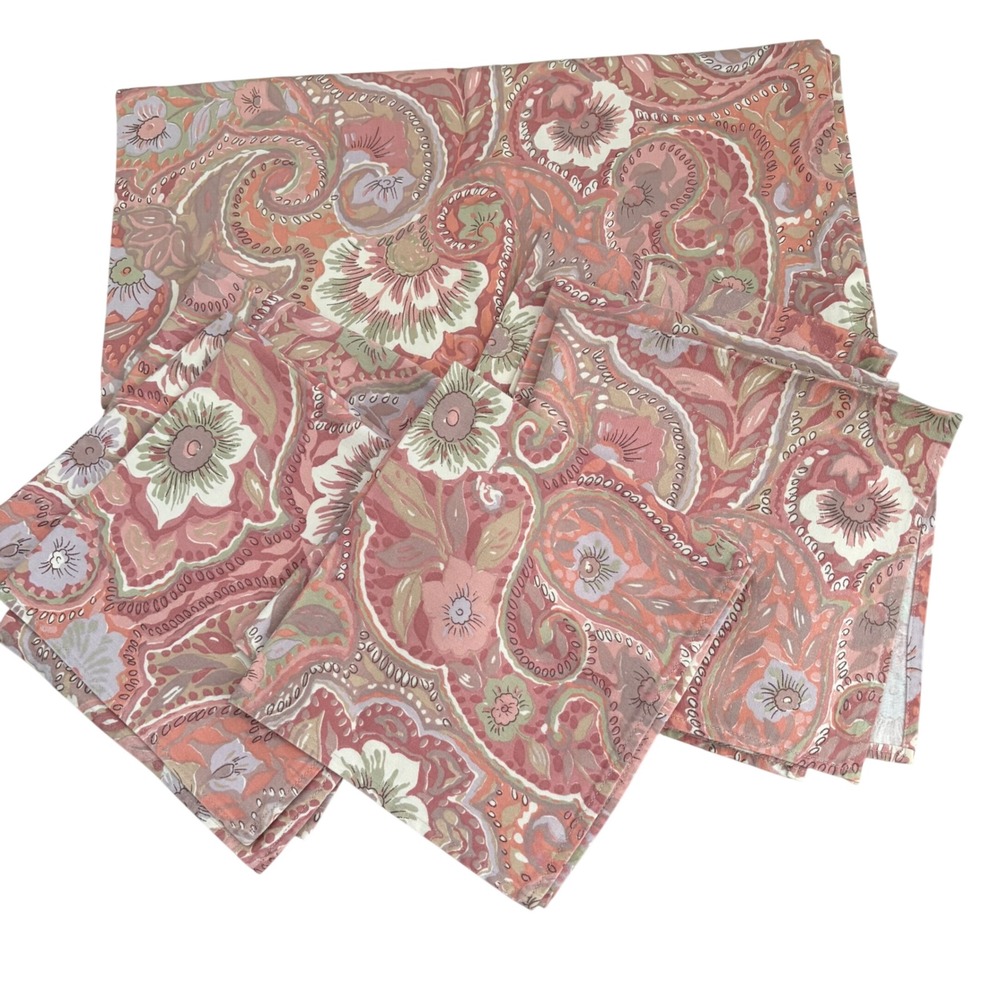 VTG Floral Paisley SQ Tablecloth & 7Napkin Set Terracotta Sage Lavender 34x34‎